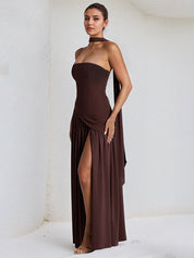 Elegant Mint Green Strapless Pleated Maxi Dress With Slit