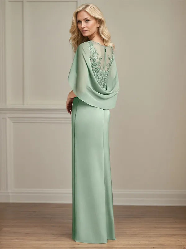 Sheath/Column Satin Scoop Neck Cap Sleeves Floor Length Mother Of The Bride Dresses
