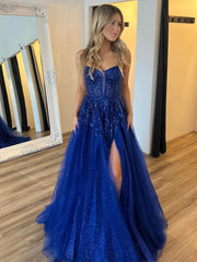 Royal Blue A-Line Spaghetti Straps Applique Prom Dress with Slit