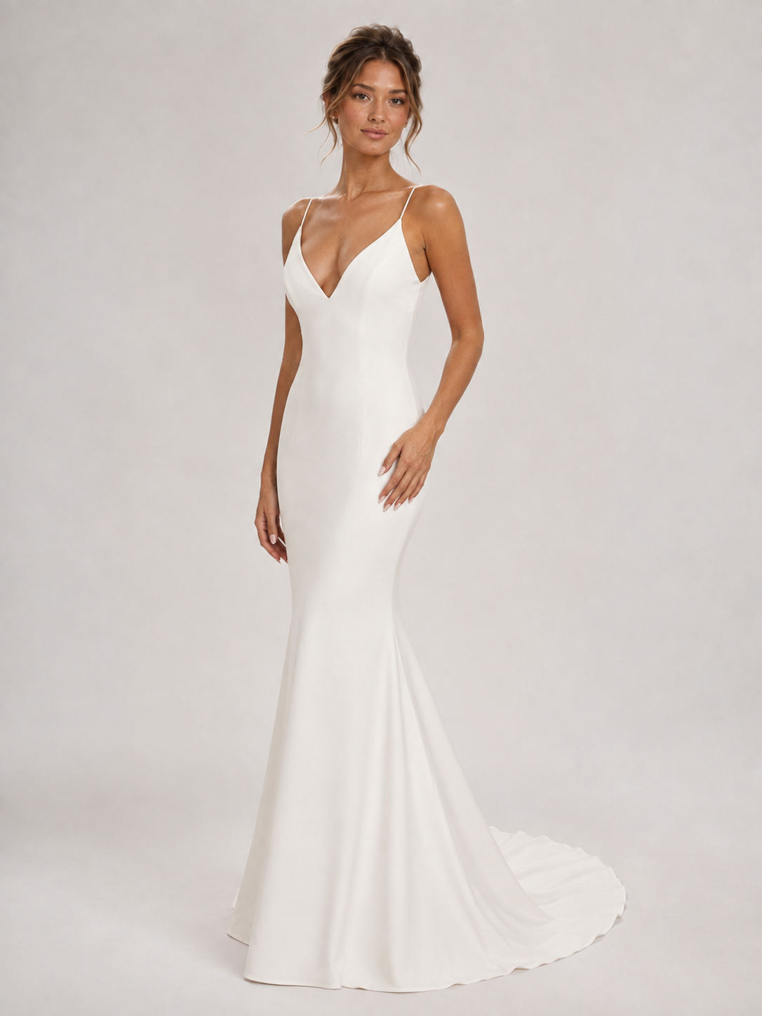 Sleek V-Neck Satin Sheath Wedding Dress with Sweep Train