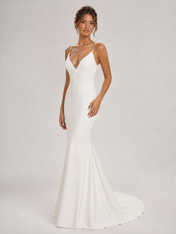 Sleek V-Neck Satin Sheath Wedding Dress with Sweep Train