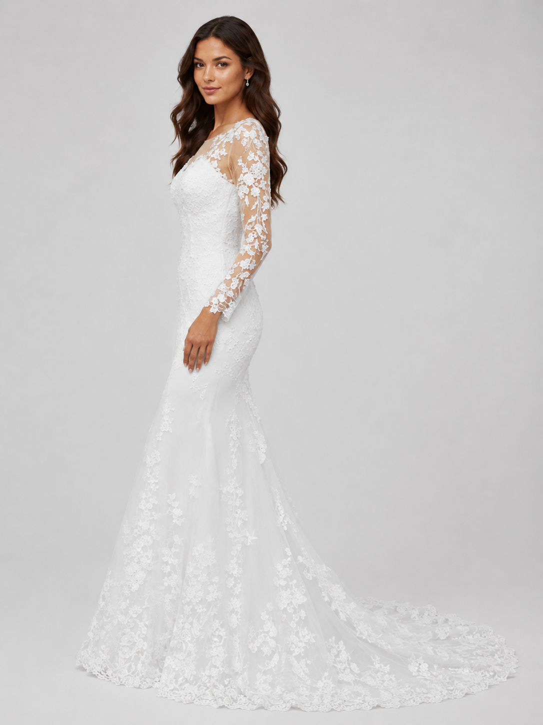Elegant Illusion Long-Sleeve Lace Mermaid Wedding Dress with Keyhole Back and Sweep Train