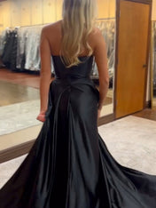 Black Mermaid Strapless V-neck Satin Ruched Sheath Long Prom Dress with Slit