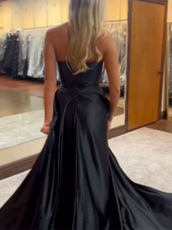 Black Mermaid Strapless V-neck Satin Ruched Sheath Long Prom Dress with Slit