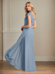 A Line Chiffon V Neck Cap Sleeves Floor Length Mother of the Bride Dresses