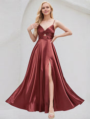 Rosewood Satin A Line V Neck Sleeveless Floor Length Bridesmaid Dress