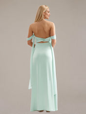 Mint Sheath/Column Satin Off The Shoulder Sleeveless Floor Length Dress