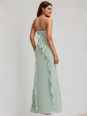 Agave Chiffon A Line Spaghetti Straps Sleeveless Floor Length Bridesmaid Dress With Ruffle