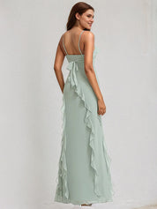 Agave Chiffon A Line Spaghetti Straps Sleeveless Floor Length Bridesmaid Dress With Ruffle