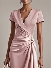 Pink Sheath/Column Satin V Neck Short Sleeves Knee Length Dresses