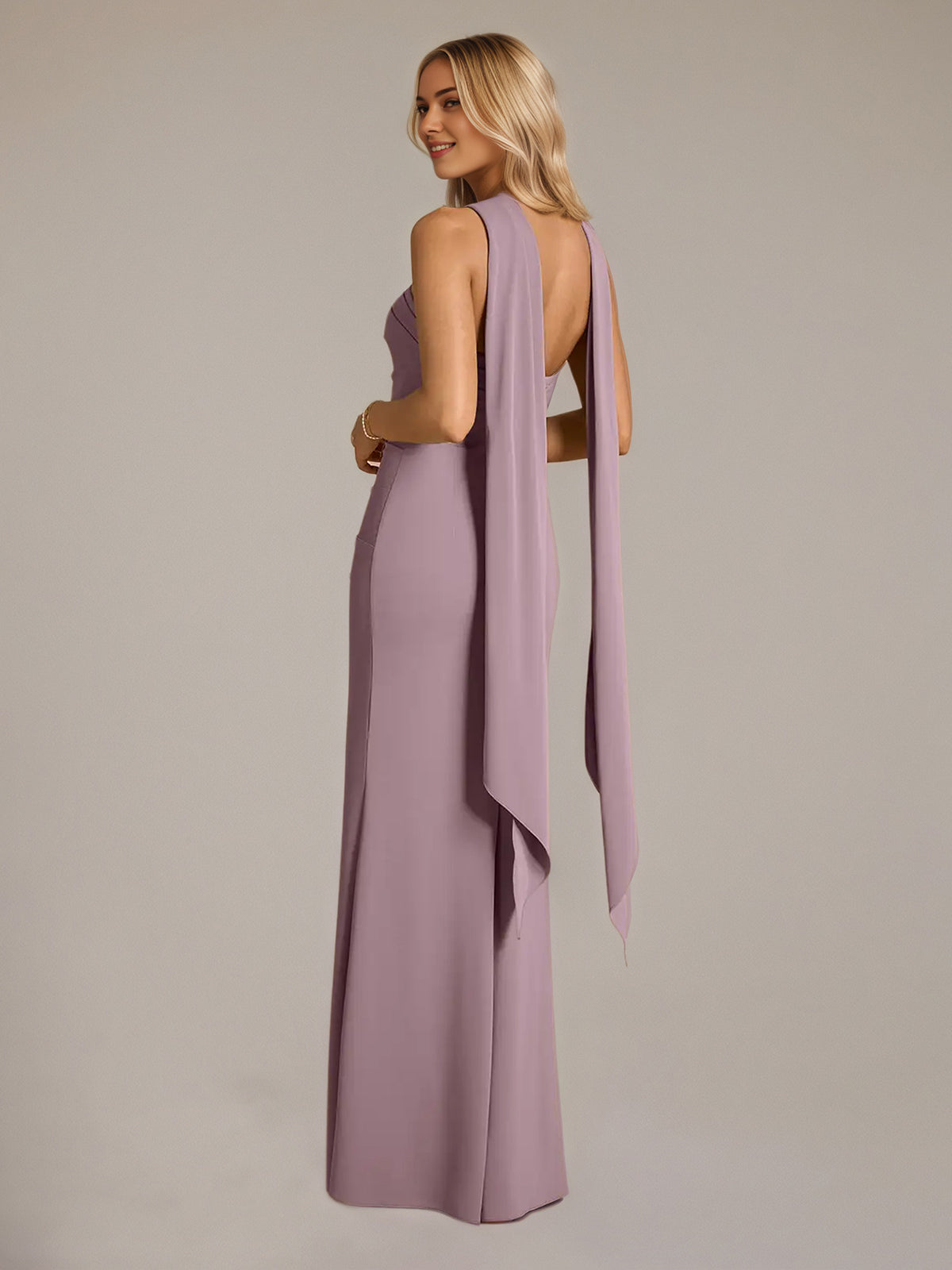Dusk Sheath/Column Chiffon Off The Shoulder Sleeveless Floor Length Dress