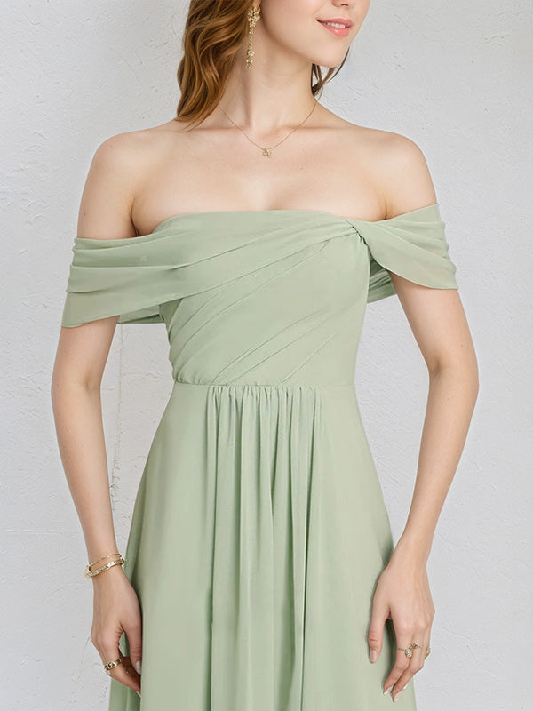 Celadon Chiffon A Line Off the Shoulder Sleeveless Floor Length Pleated Bridesmaid Dress