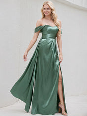 Sea Glass Satin A Line Off the Shoulder Sleeveless Floor Length Bridesmaid Dress