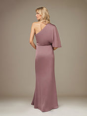 Mauve Satin One Shoulder 1/2 Sleeves Floor Length Pleated Dress With High Slit