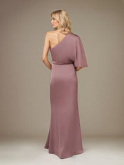 Mauve Satin One Shoulder 1/2 Sleeves Floor Length Pleated Dress With High Slit