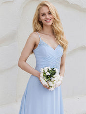 Sky Blue Chiffon A Line Spaghetti Straps Sleeveless Floor Length Bridesmaid Dress With Applique