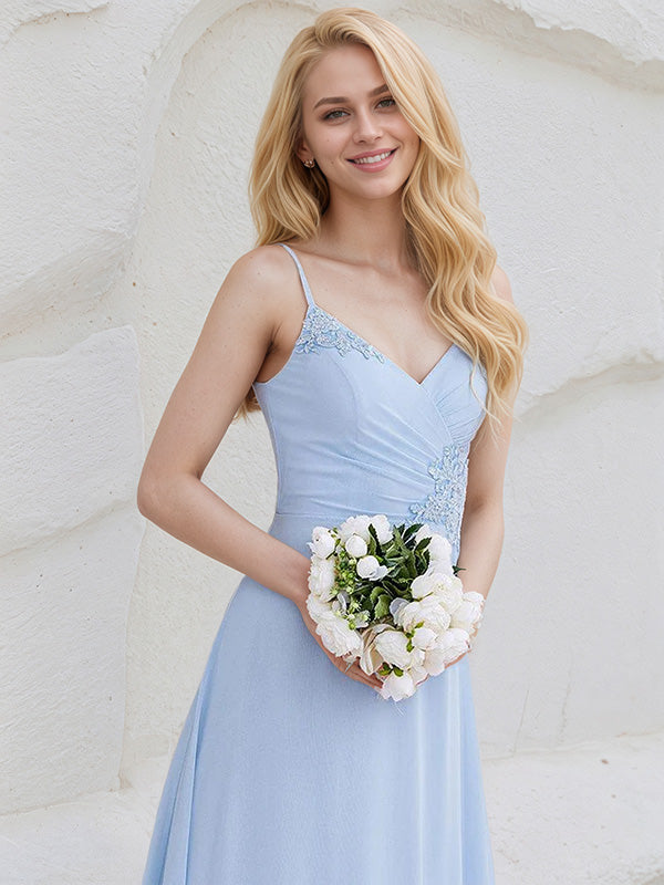 Sky Blue Chiffon A Line Spaghetti Straps Sleeveless Floor Length Bridesmaid Dress With Applique