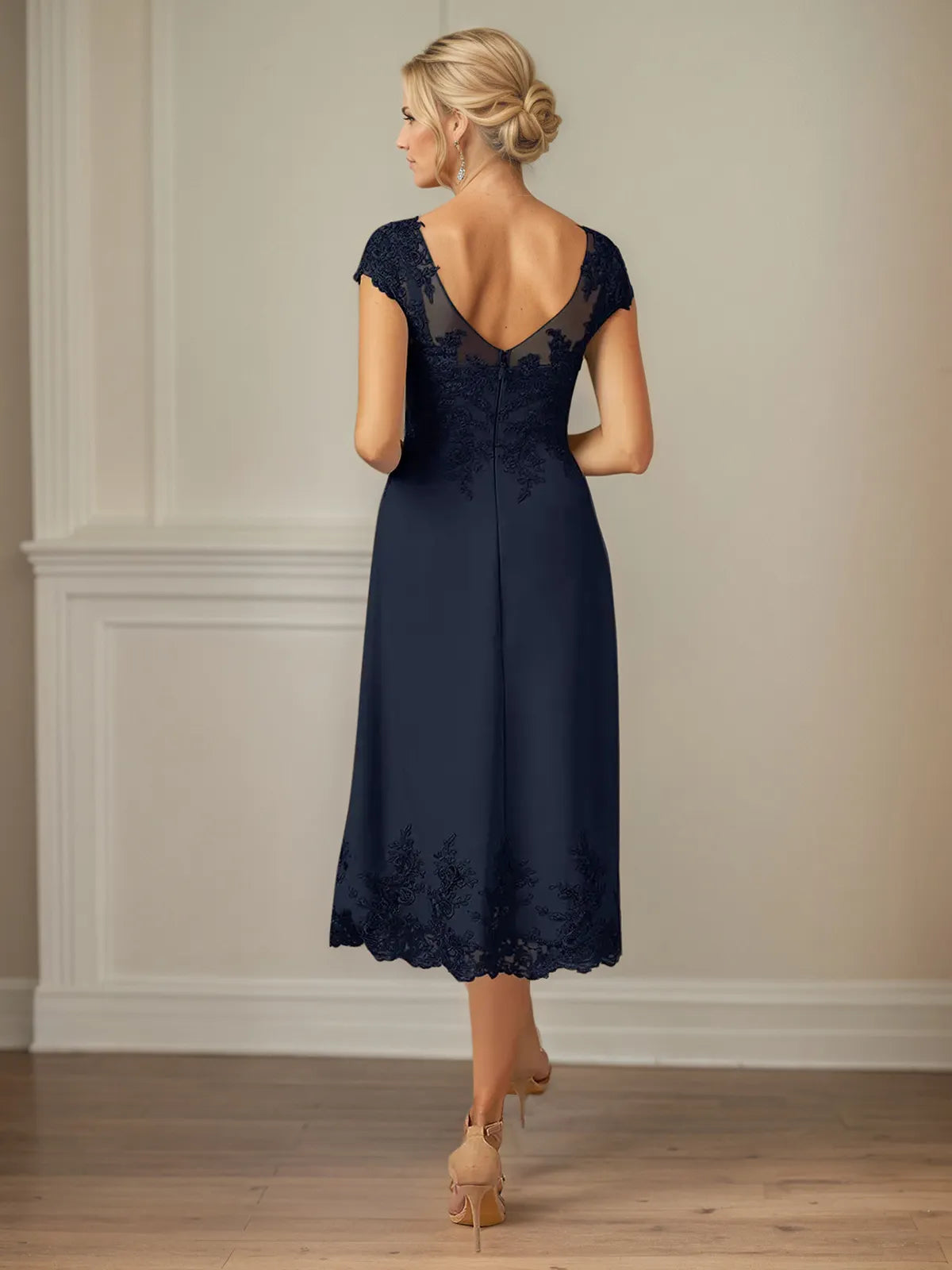 A Line Scoop Neck Cap Sleeves Ankle Length Chiffon Mother of the Bride Dress