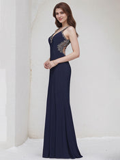 Navy Chiffon Spaghetti Straps Sleeveless Floor Length Bridesmaid Dress With Beadings