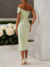 Green Off The Shoulder Slit Sheath Midi Dress