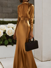 Golden Satin Ruched High Neck Long Sleeve A-Line Gown