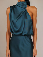Teal Satin Sheath/Column High Neck Sleeveless Ankle Length Bridesmaid Dress