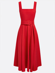 Red Square Neck Sleeveless A-Line Midi Dress