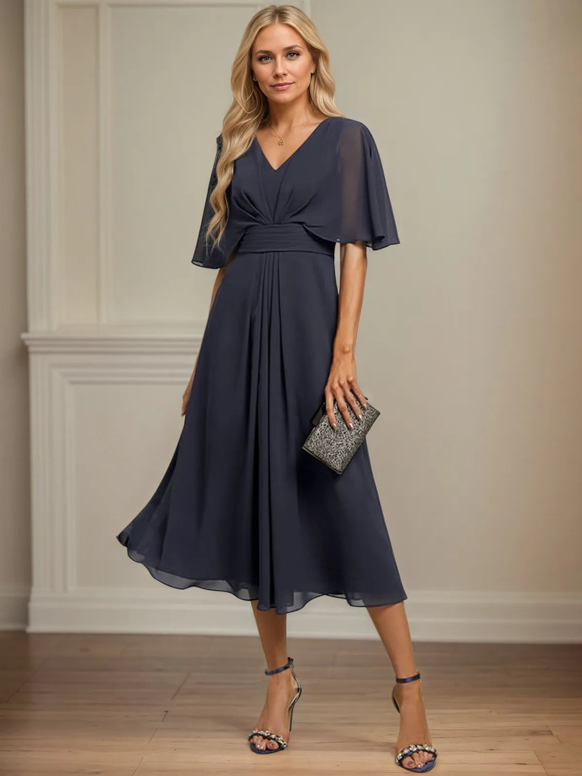 A Line V-Neck Tea-Length Chiffon Dress With Pleated