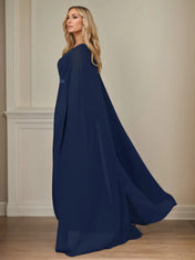 A Line V Neck Cap Sleeve Floor Length Chiffon Mother of the Bride Dress