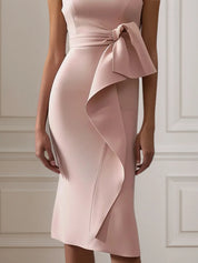 Pink Ruched Boat Neck Sleeveless Sheath Midi Dress