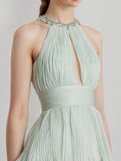 Mint Green A Line Chiffon Halter Neck Floor Length Bridesmaid Dress With Ruffle