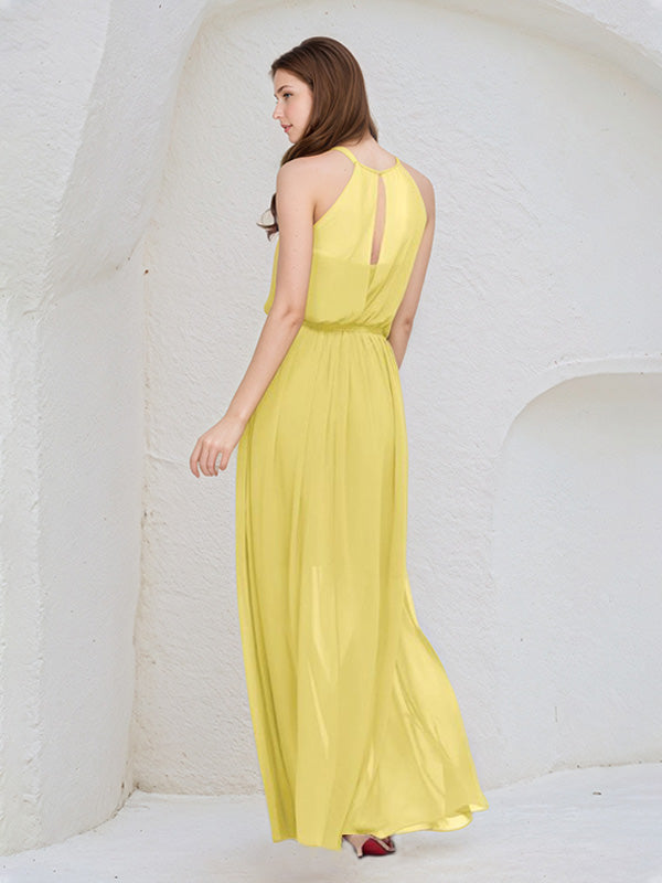 Yellow Chiffon A Line Halter Neck Sleeveless Floor Length Bridesmaid Dress