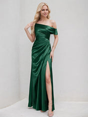Dark Green Satin A Line One Shoulder Floor Length Bridesmaid Dress