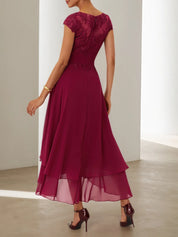 Red Lace Chiffon Crew Neck Cap Sleeve A-Line Maxi Dress