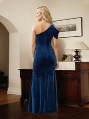 Royal Blue Trumpet/Mermaid Velvet One Shoulder Sleeveless Floor Length Dress