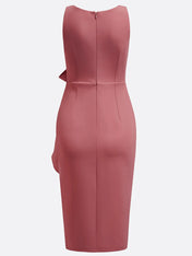 Pink V Neck Ruffled Sleeveless Bow Sheath Midi Dress