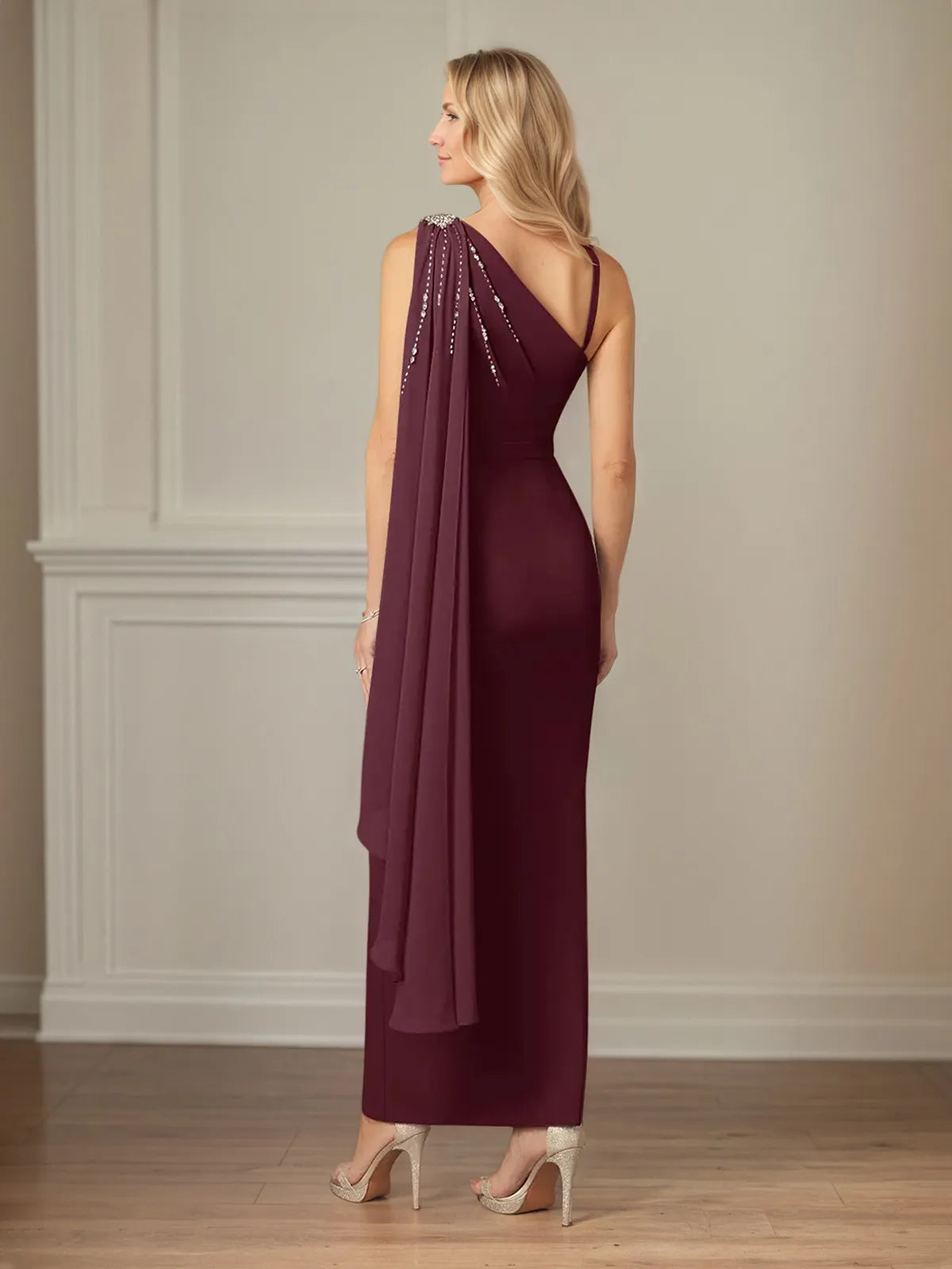Sheath/Column Chiffon One Shoulder Sleeveless Floor Length Dress