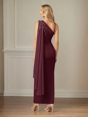 Sheath/Column Chiffon One Shoulder Sleeveless Floor Length Dress