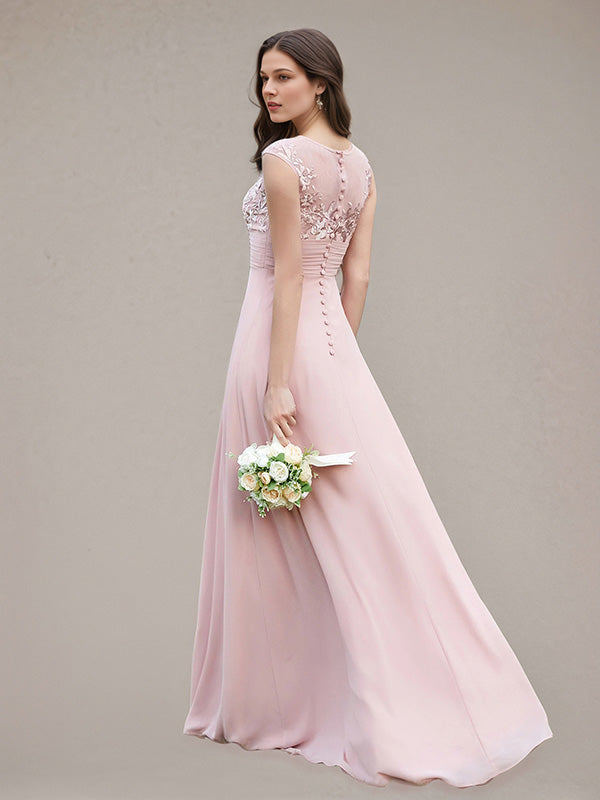 Petal A-Line Chiffon Scoop Neck Sleeveless Floor-Length Bridesmaid Dresses With Appliques