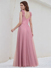 Pink Tulle A Line V Neck Sleeveless Pleated Floor Length Bridesmaid Dress