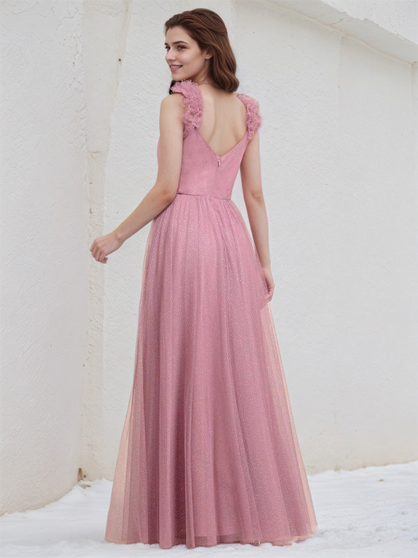 Pink Tulle A Line V Neck Sleeveless Pleated Floor Length Bridesmaid Dress