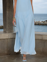 Light Blue Braided Strap Pearl Chiffon Halter Sleeveless A-Line Maxi Dress