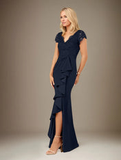 Sheath/Column V Neck Short Sleeve Floor Length Chiffon Dress With Cascading Ruffles