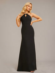 Dreamylily Women Black Stretch Crepe Sheath/Column Halter Floor-Length Chiffon Bridesmaid Dress