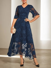 Purplish blue Lace V Neck Short Sleeve A-Line Midi Dress