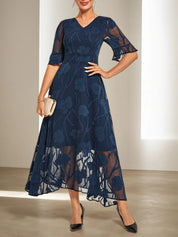 Purplish blue Lace V Neck Short Sleeve A-Line Midi Dress