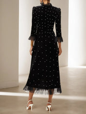 Black Beaded Mock Neck Three Quarter Sleeve A-Line Maxi Velvet Dress