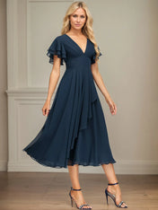 A Line V-Neck Tea Length Chiffon Dress With Cascading Ruffles
