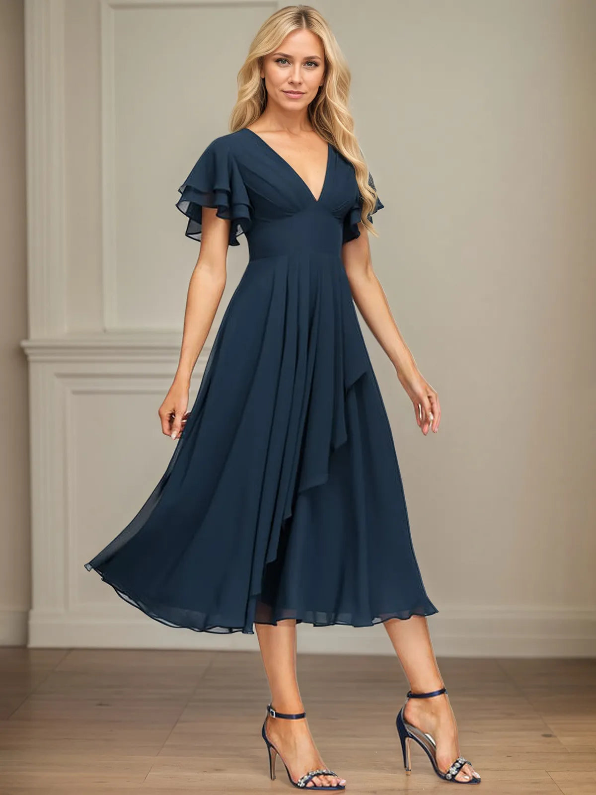 Dreamylily Women A Line V-Neck Tea Length Chiffon Dress With Cascading Ruffles Dreamylily Women A Line V-Neck Tea Length Chiffon Dress With Cascading Ruffles