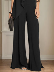 Black Chiffon Jumpsuits Asymmetrical Short Sleeves Floor Length Mother of the Bride Dresses